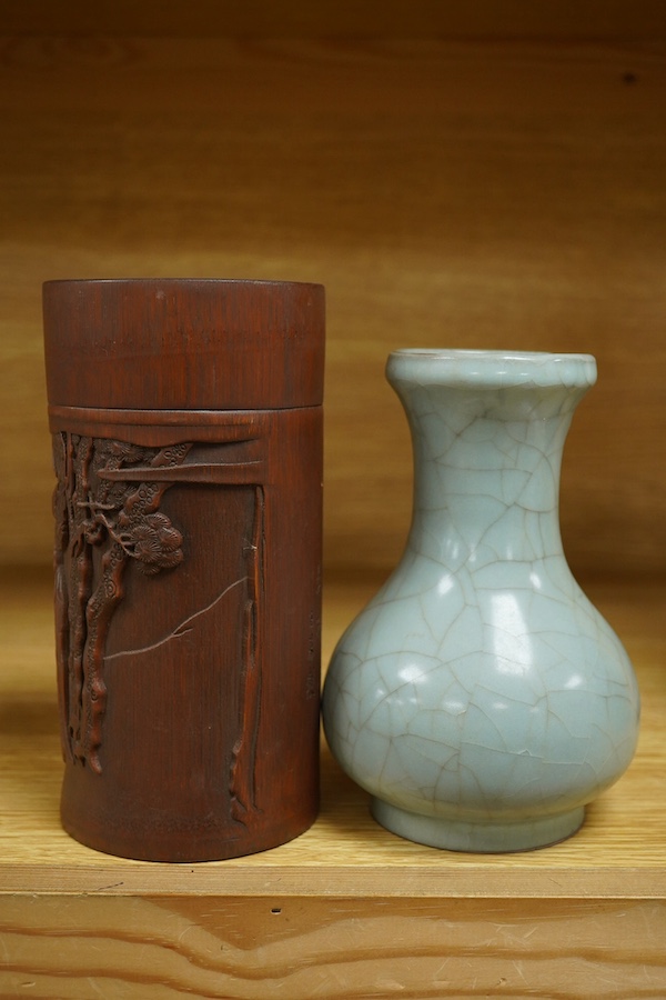 A Chinese bamboo tea cannister and crackleware vase bamboo canister, 17.5cm high. Condition - fair to good